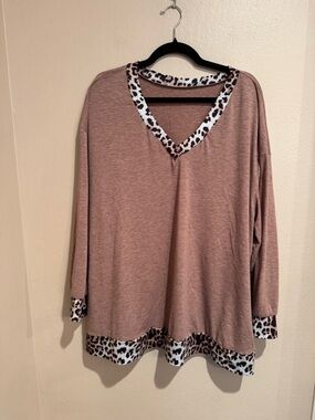 SHEIN Tan Long-Sleeve V-Neck Top with Leopard Trim Cuffs and Hem Band